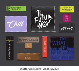 Creative vector label set design with slogan, text, quote. Woven, embroidery, ornamental label design for accessory, clothing or card.