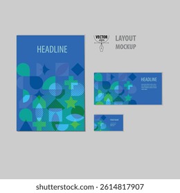 Creative vector layout featuring overlapping blue and green geometric forms with halftone texture. Perfect for branding, flyers, banners, and business cards.