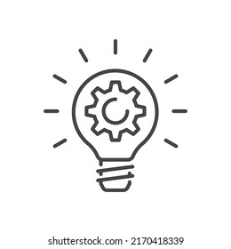 Creative vector line icon of black burning light bulb with gear wheel in center isolated on white background