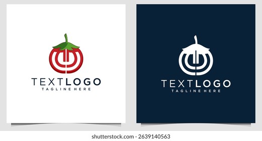 Creative vector logo combining the shape of a tomato with a stylized symbol resembling a power or audio icon, representing freshness, energy, and organic innovation. Suitable for food tech startups