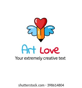 A creative vector  logo concept for a art shop or crafts store - flying pencil with wings and heart