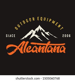 Creative vector logo design by using silhouette of mountain with unique typography which suit for product outdoor equipment logo, promotional or marketing material