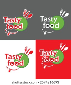 Creative vector logo design for a food business featuring the text 'Tasty Food' with a green circular background and red cutlery elements, including a fork, knife, and spoon. 