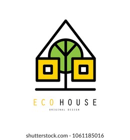 Creative vector logo of eco house with windows and green tree. Insignia for building company or real estate agency. Ecological construction