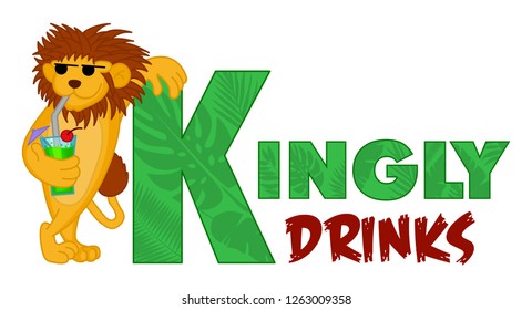 Creative vector logo of funny cool drinking lion. Animal wild mascot. Funny concept with the king of the jungle. For print, party, bar, restaurant, tavern, tap house, barroom, corporate identity.  