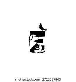 Ilustração do logotipo do vetor criativo de cão, gato e pássaro com letra E do alfabeto. Perfeito para marca de animais de estimação, logotipos veterinários, cuidado com animais, lojas de animais de estimação, mascotes, educação e design de tipografia lúdica
