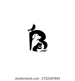 Ilustração do logotipo do vetor criativo de cão, gato e pássaro com letra B do alfabeto. Perfeito para marca de animais de estimação, logotipos veterinários, cuidado com animais, lojas de animais de estimação, mascotes, educação e design de tipografia lúdica