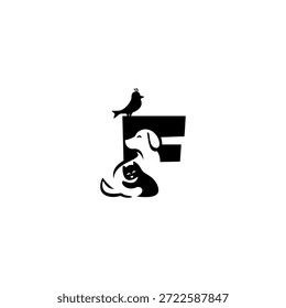 Ilustração do logotipo do vetor criativo do cão, gato e pássaro com letra F do alfabeto. Perfeito para marca de animais de estimação, logotipos veterinários, cuidado com animais, lojas de animais de estimação, mascotes, educação e design de tipografia lúdica