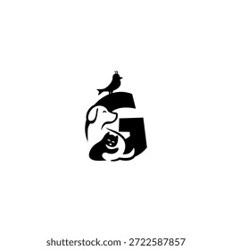 Ilustração do logotipo do vetor criativo do cão, gato, e pássaro com letra G do alfabeto. Perfeito para marca de animais de estimação, logotipos veterinários, cuidado com animais, lojas de animais de estimação, mascotes, educação e design de tipografia lúdica