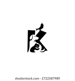 Ilustração do logotipo do vetor criativo do cão, gato e pássaro com letra K do alfabeto. Perfeito para marca de animais de estimação, logotipos veterinários, cuidado com animais, lojas de animais de estimação, mascotes, educação e design de tipografia lúdica