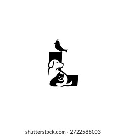 Ilustração do logotipo do vetor criativo do cão, gato, e pássaro com letra L do alfabeto. Perfeito para marca de animais de estimação, logotipos veterinários, cuidado com animais, lojas de animais de estimação, mascotes, educação e design de tipografia lúdica