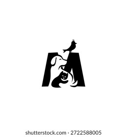 Kreative Vektorlogo-Illustration von Hund, Katze und Vogel mit dem Alphabet M Buchstabe. Perfekt für Tiermarken, Tierarztlogos, Tierpflege, Tierhandlungen, Maskottchen, Bildung und verspieltes Typografiedesign