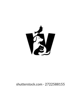 Ilustração do logotipo do vetor criativo do cão, gato e pássaro com letra W do alfabeto. Perfeito para marca de animais de estimação, logotipos veterinários, cuidado com animais, lojas de animais de estimação, mascotes, educação e design de tipografia lúdica