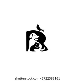 Ilustração do logotipo do vetor criativo do cão, gato e pássaro com letra R do alfabeto. Perfeito para marca de animais de estimação, logotipos veterinários, cuidado com animais, lojas de animais de estimação, mascotes, educação e design de tipografia lúdica