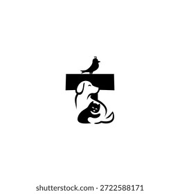 Ilustração do logotipo do vetor criativo de cão, gato e pássaro com letra T do alfabeto. Perfeito para marca de animais de estimação, logotipos veterinários, cuidado com animais, lojas de animais de estimação, mascotes, educação e design de tipografia lúdica