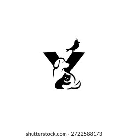 Ilustração do logotipo do vetor criativo de cão, gato e pássaro com letra Y do alfabeto. Perfeito para marca de animais de estimação, logotipos veterinários, cuidado com animais, lojas de animais de estimação, mascotes, educação e design de tipografia lúdica
