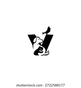 Ilustração do logotipo do vetor criativo de cão, gato e pássaro com letra V do alfabeto. Perfeito para marca de animais de estimação, logotipos veterinários, cuidado com animais, lojas de animais de estimação, mascotes, educação e design de tipografia lúdica