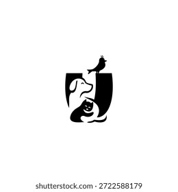 Ilustração do logotipo do vetor criativo de cão, gato e pássaro com letra U do alfabeto. Perfeito para marca de animais de estimação, logotipos veterinários, cuidado com animais, lojas de animais de estimação, mascotes, educação e design de tipografia lúdica
