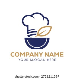 Ilustración creativa del logotipo del Vector con un sombrero y un cuenco del cocinero con una hoja de oro conveniente para la marca sana del restaurante
