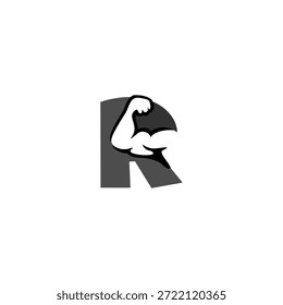 Kreatives Vektorlogo eines Muskelarmalphabets R Buchstabe. Symbol für Kraft und Fitness. Perfekt für Fitnessstudios, Personal Trainer und Ergänzungsmarken. Hochwertiges Vektordesign
