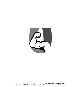 Logotipo de Vector creativo de una letra U del alfabeto del brazo muscular. Símbolo de fuerza y aptitud. Perfecto para gimnasios, entrenadores personales y marcas de suplementos. Diseño de Vector de alta calidad