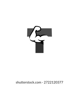 Creative vector logo of a muscular arm alphabet T letter. Symbol of strength and fitness. Perfect for gyms, personal trainers, and supplement brands. High-quality vector design