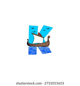 Creative vector logo of a sailboat on the sea with birds flying in a blue sky forming alphabet K letter. Perfect for travel brands, marine logos, ocean themes, tourism identity, and artistic typography designs.