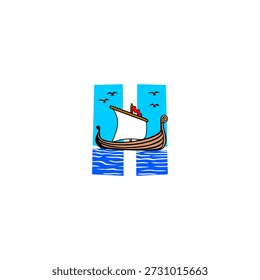 Logotipo creativo del Vector de un velero en el mar con los pájaros que vuelan en un cielo azul que forma la letra del alfabeto H. Perfecto para marcas de viajes, logotipos marinos, temas oceánicos, identidad turística y diseños de tipografía artística.