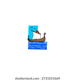 Logotipo creativo del Vector de un velero en el mar con los pájaros que vuelan en un cielo azul que forma la letra del alfabeto L. Perfecto para marcas de viajes, logotipos marinos, temas oceánicos, identidad turística y diseños de tipografía artística.