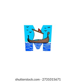 Kreatives Vektorlogo eines Segelbootes auf dem Meer mit Vögeln, die in einem blauen Himmel fliegen und ein Alphabet M Buchstabe bilden. Perfekt für Reisemarken, Meereslogos, Meeresthemen, touristische Identität und künstlerische Typografie-Designs.