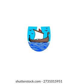 Logotipo creativo del Vector de un velero en el mar con los pájaros que vuelan en un cielo azul que forma la letra del alfabeto U. Perfecto para marcas de viajes, logotipos marinos, temas oceánicos, identidad turística y diseños de tipografía artística.
