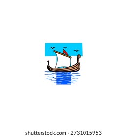 Logotipo creativo del Vector de un velero en el mar con los pájaros que vuelan en un cielo azul que forma la letra del alfabeto T. Perfecto para marcas de viajes, logotipos marinos, temas oceánicos, identidad turística y diseños de tipografía artística.