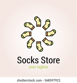 Creative vector logo template for socks store, cards design. Illustration of socks in the form of the sun. It can be used for design banners, textile industry.