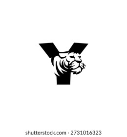 Logotipo vetorial criativo onde uma silhueta de tigre no alfabeto letra Y. Identidade ousada, agressiva e moderna para marcas de jogos, vestuário ou segurança.