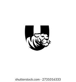 Logotipo de Vector creativo donde una silueta de tigre en la letra del alfabeto U. Identidad audaz, agresiva y moderna para marcas de juegos, ropa o seguridad.