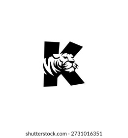 Logotipo vetorial criativo onde uma silhueta de tigre no alfabeto letra K. Identidade ousada, agressiva e moderna para marcas de jogos, vestuário ou segurança.