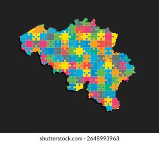 Creative vector map Belgium from color puzzle pieces isolated on background. Template Europe country for pattern, design, illustration, infographic. Concept outline of the map jigsaw Belgium