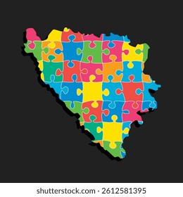 Creative vector map Bosnia Herzegovina from color puzzle pieces isolated on background. Template Europe country for pattern, design, illustration, infographic. Concept outline of the map jigsaw