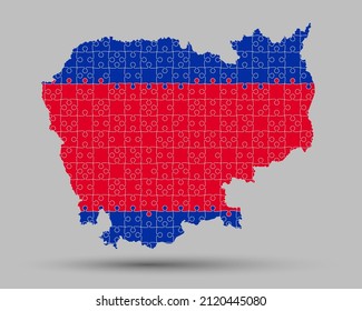 Creative vector map Cambodia from color puzzle pieces made flag isolated on background. Abstract template Asia country for pattern, design, illustration, backdrop. Concept outline map state Cambodia