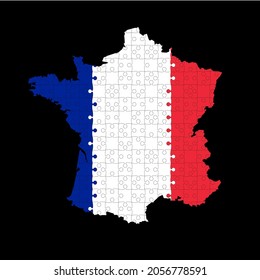 Creative vector map France from color puzzle pieces made flag isolated on background. Abstract template Europe country for pattern, design, illustration, backdrop. Concept outline of map state France