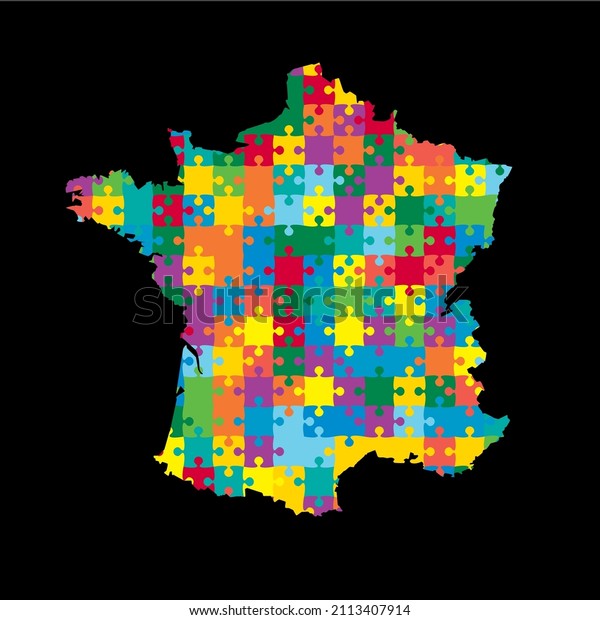 Creative vector map France from color puzzle\
pieces isolated on background. Abstract template Europe country for\
pattern, design, illustration, backdrop. Concept outline of the map\
state France