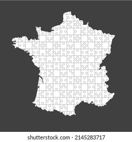 Mapa vectorial creativo de Francia a partir de piezas de rompecabezas blancas aisladas en el fondo. Modelo de resumen País de Europa para patrón, diseño, ilustración, fondo. Esbozo conceptual del estado del mapa Francia