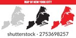 A creative vector map illustration of New York City displaying the five boroughs using multiple visual styles including dotted pattern, solid black silhouette, and red silhouette map. The boroughs shown include Manhattan, Brooklyn, Queens, The Bronx, and Staten Island. This modern infographic-style map is suitable for urban planning visuals, educational materials, travel content, and geographic presentations.