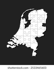 Creative vector map Netherlands from white puzzle pieces isolated on background. Template Europe country for pattern, design, illustration, infographic. Concept outline of the map jigsaw Netherlands