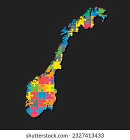 Mapa vectorial creativo de Noruega a partir de piezas de rompecabezas de color aisladas en el fondo. Plantilla Europa país para patrones, diseño, ilustración, infografía. Esbozo conceptual del mapa sierra Noruega