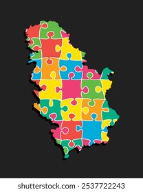 Kreative Vektorkarte Serbien aus farbigen Puzzleteilen einzeln auf Hintergrund. Vorlage Europa Land für Muster, Design, Illustration, Infografik. Konzept Umriss der Karte Puzzle Serbien