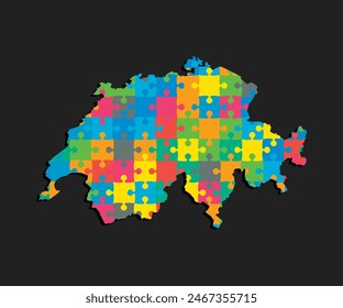 Mapa de Vector creativo de Suiza de piezas de rompecabezas de color aislado en el fondo. Plantilla Europa país para patrón, diseño, ilustración, infografía. Esquema conceptual del mapa rompecabezas Suiza