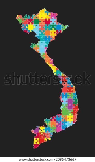 Creative vector map Vietnam from color puzzle\
pieces isolated on background. Abstract template Asia country for\
pattern, design, illustration, backdrop. Concept outline of the map\
state Vietnam