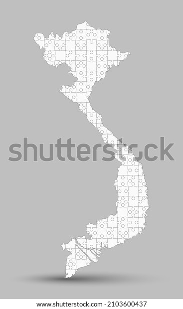 Creative vector map Vietnam from white puzzle\
pieces isolated on background. Abstract template Asia country for\
pattern, design, illustration, backdrop. Concept outline of the map\
state Vietnam