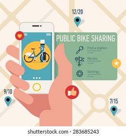 Creative vector modern flat design visual on using city public bike sharing system application on mobile device | Hand holding phone with bicycle sharing app 